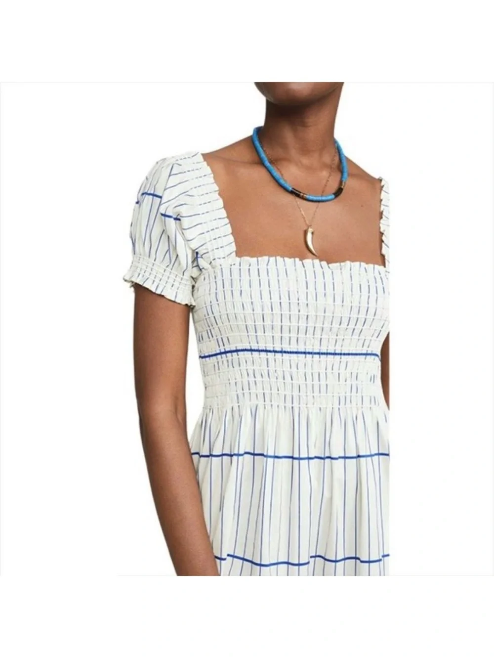 TORY BURCH SMOCKED COTTON MIDI DRESS Blue and white SIZE Small